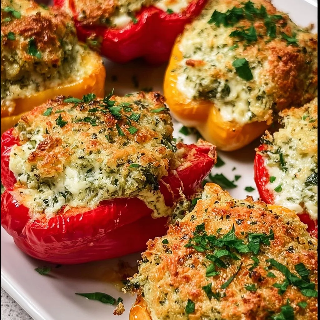 Herby ricotta stuffed peppers recipe with fresh herbs and colorful vegetables