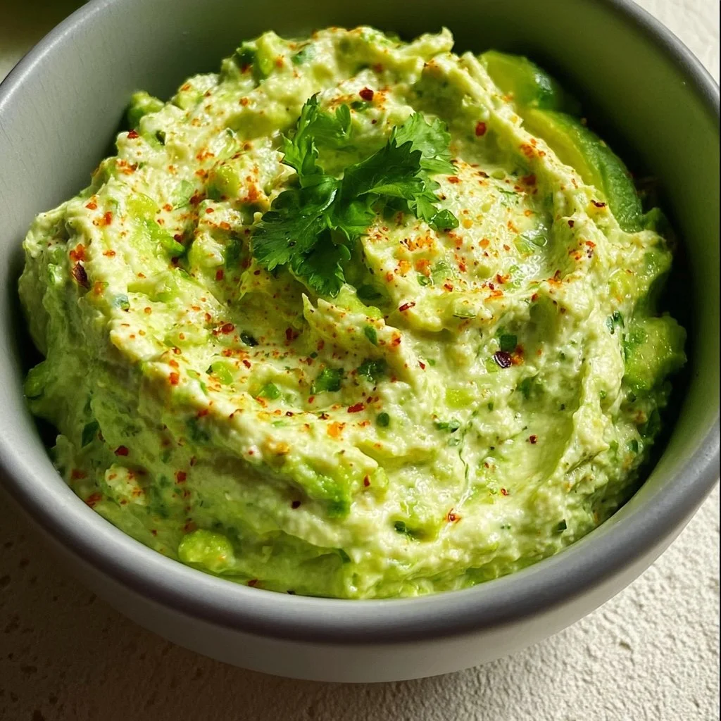 High protein avocado cottage cheese dip served in a bowl with fresh herbs