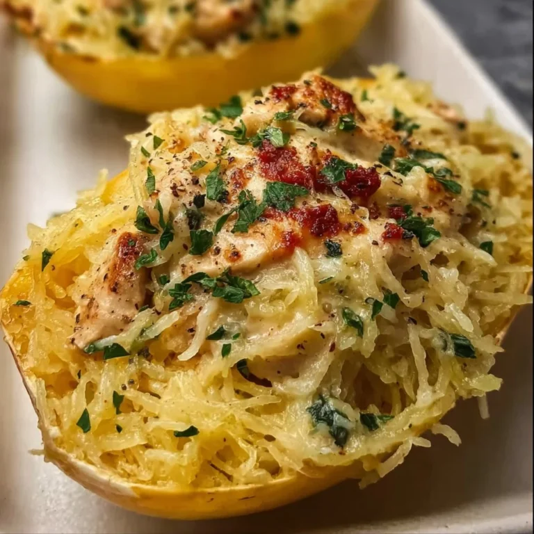 Delicious Chicken Spaghetti Squash served on a plate with fresh herbs