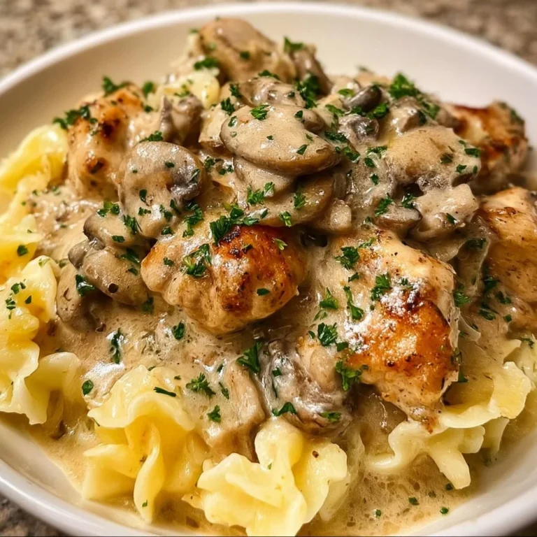 Creamy Chicken Stroganoff served with noodles and fresh parsley