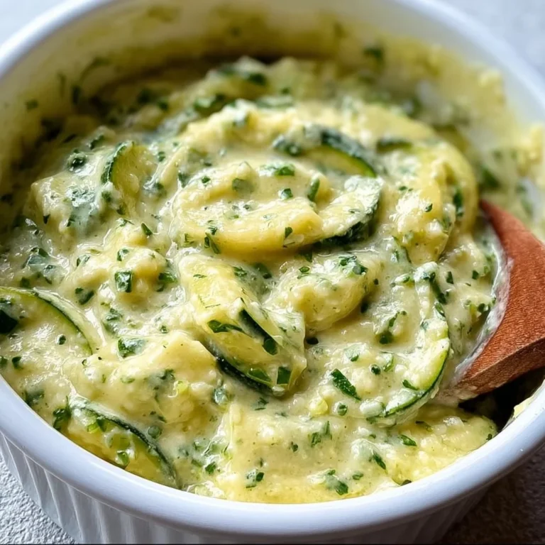 Bowl of irresistible zucchini sauce served over pasta with fresh herbs.