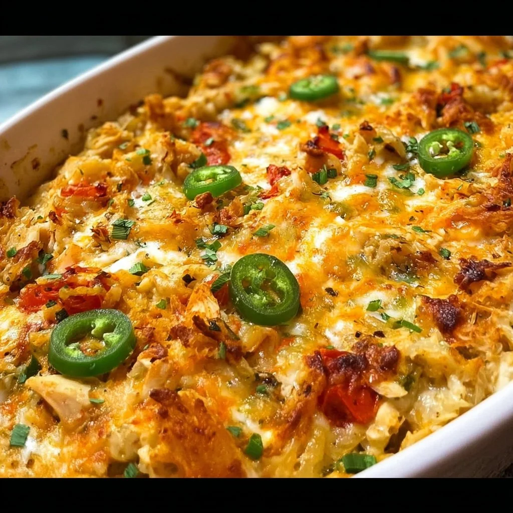 Delicious Jalapeño Buffalo Chicken Casserole topped with cheese and fresh herbs