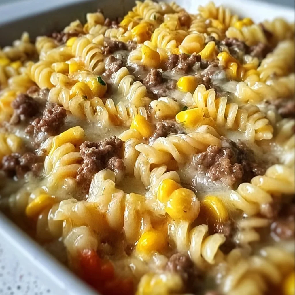 Loaded Cheddar Ranch Beef and Sweet Corn Rotini Bake in a baking dish