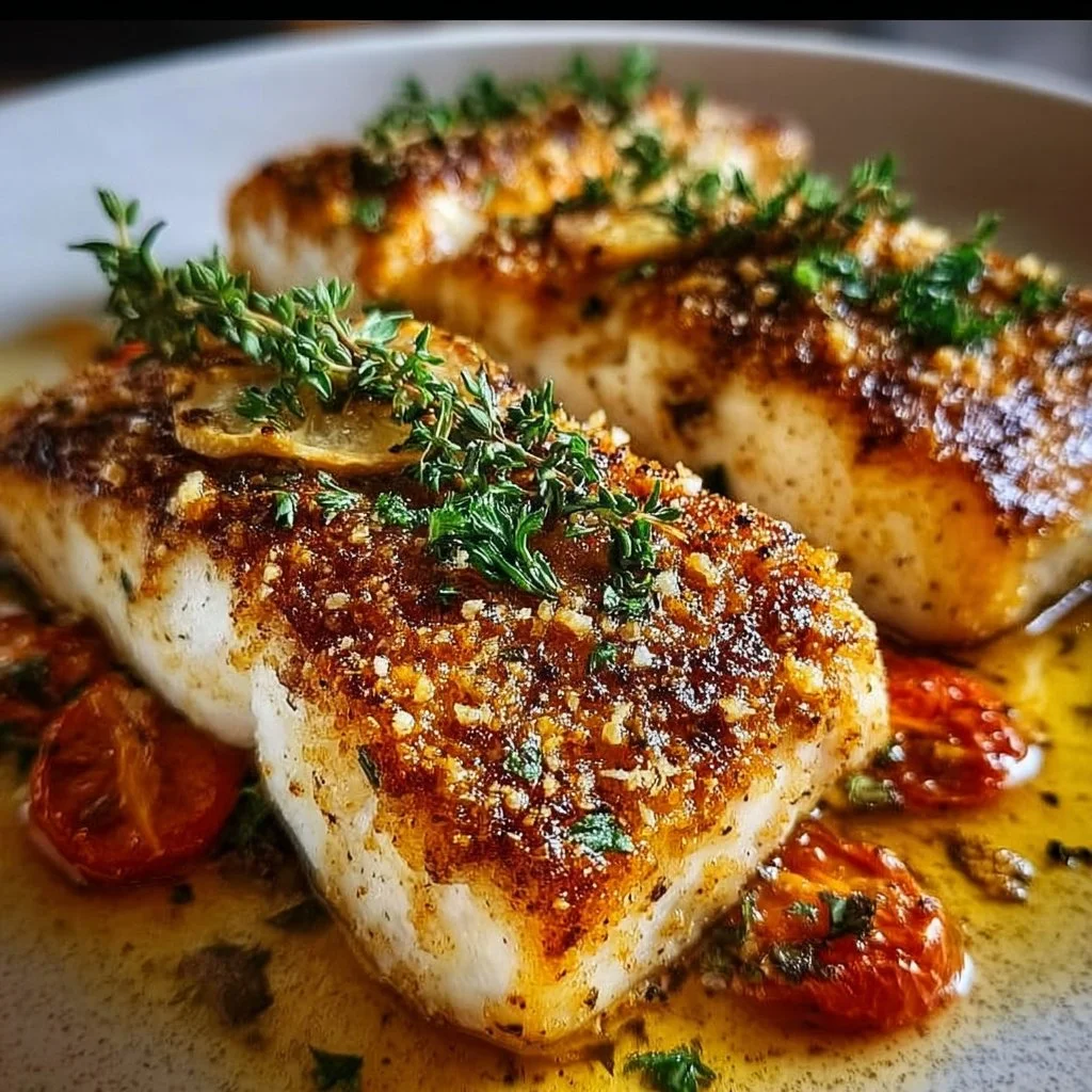 Mediterranean baked fish plated with herbs and lemon