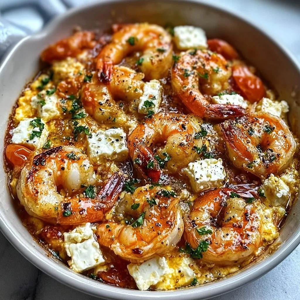 Mediterranean Shrimp with Feta cheese and herbs served in a bowl