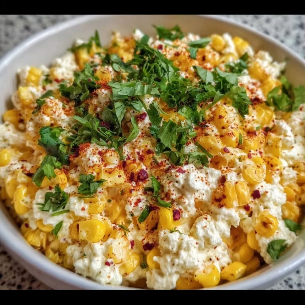Mexican street corn salad with cottage cheese, garnished with fresh herbs and spices.