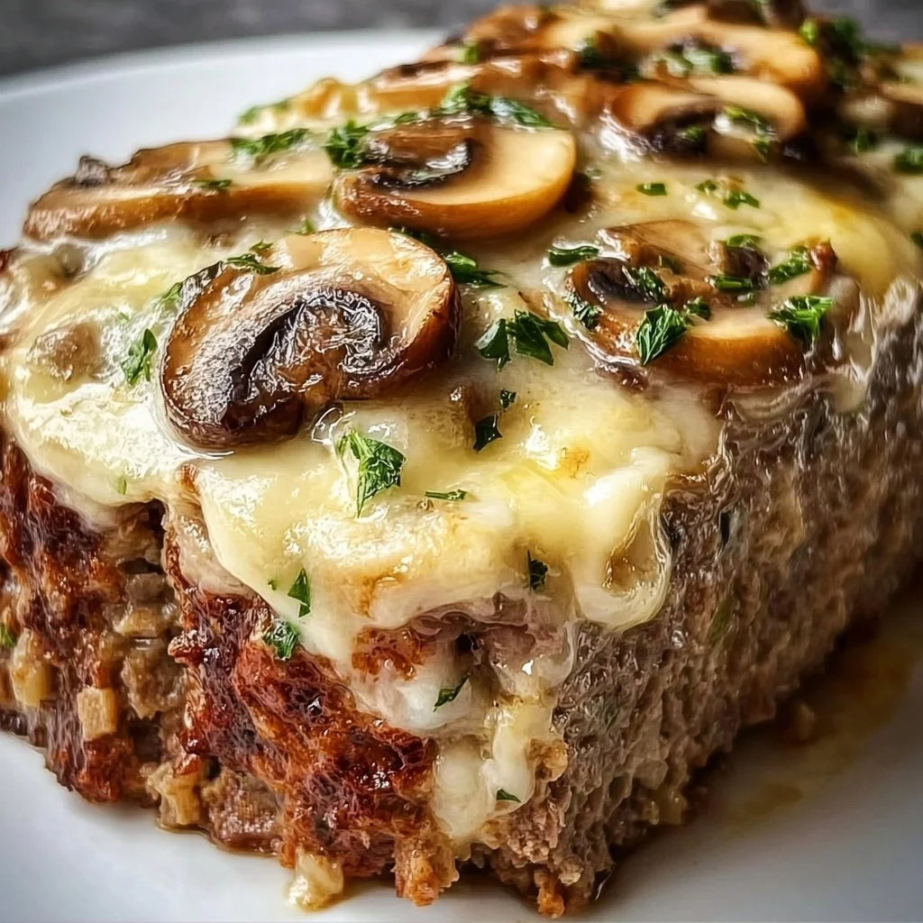 Delicious Mushroom Swiss Cheese Meatloaf ready to be served on a plate