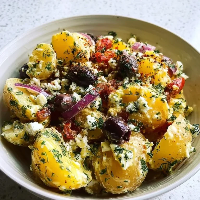 Olive Greek Potato Salad served in a bowl with fresh herbs and olives.