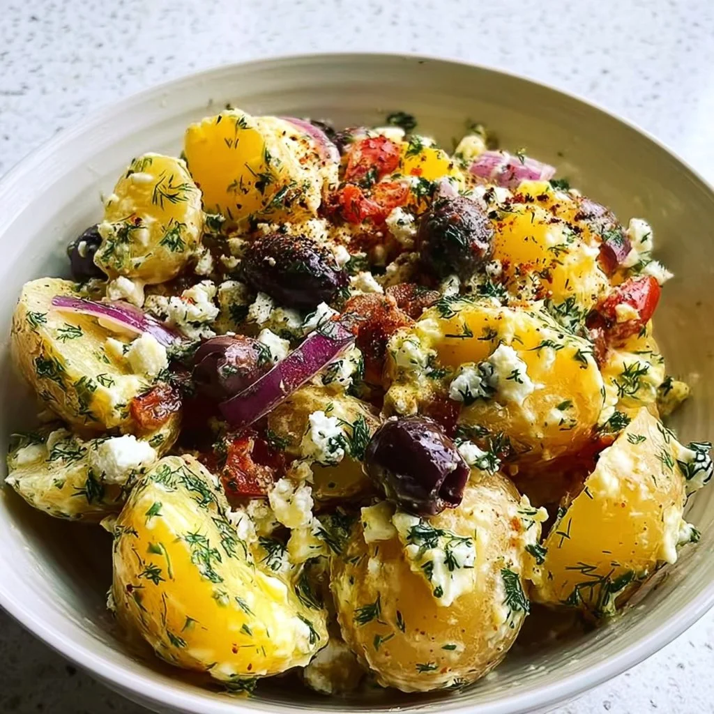 Olive Greek Potato Salad served in a bowl with fresh herbs and olives.