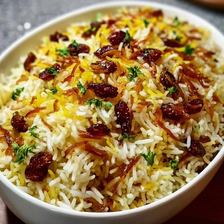 Bowl of Persian jeweled rice with nuts and pomegranate seeds