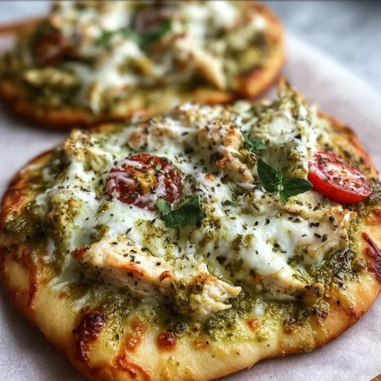 Delicious pesto chicken flatbread topped with mozzarella for a quick meal