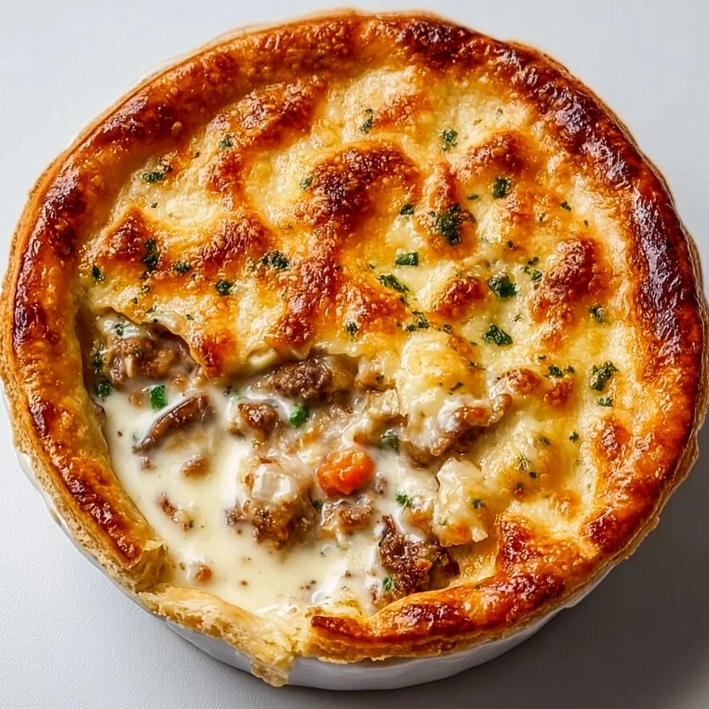 Delicious Pizza Pot Pie with melted cheese and fresh toppings