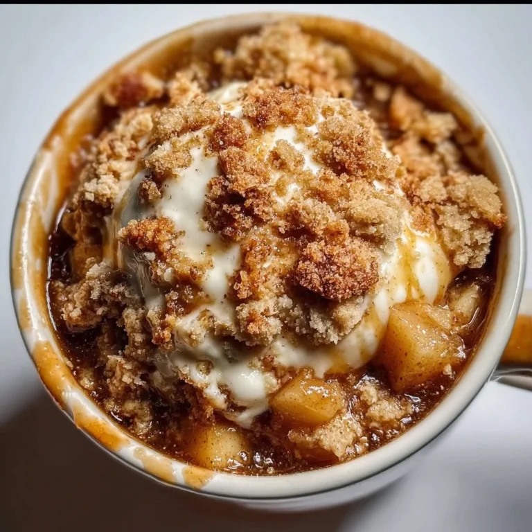Protein Apple Crisp in a Mug topped with oats and cinnamon