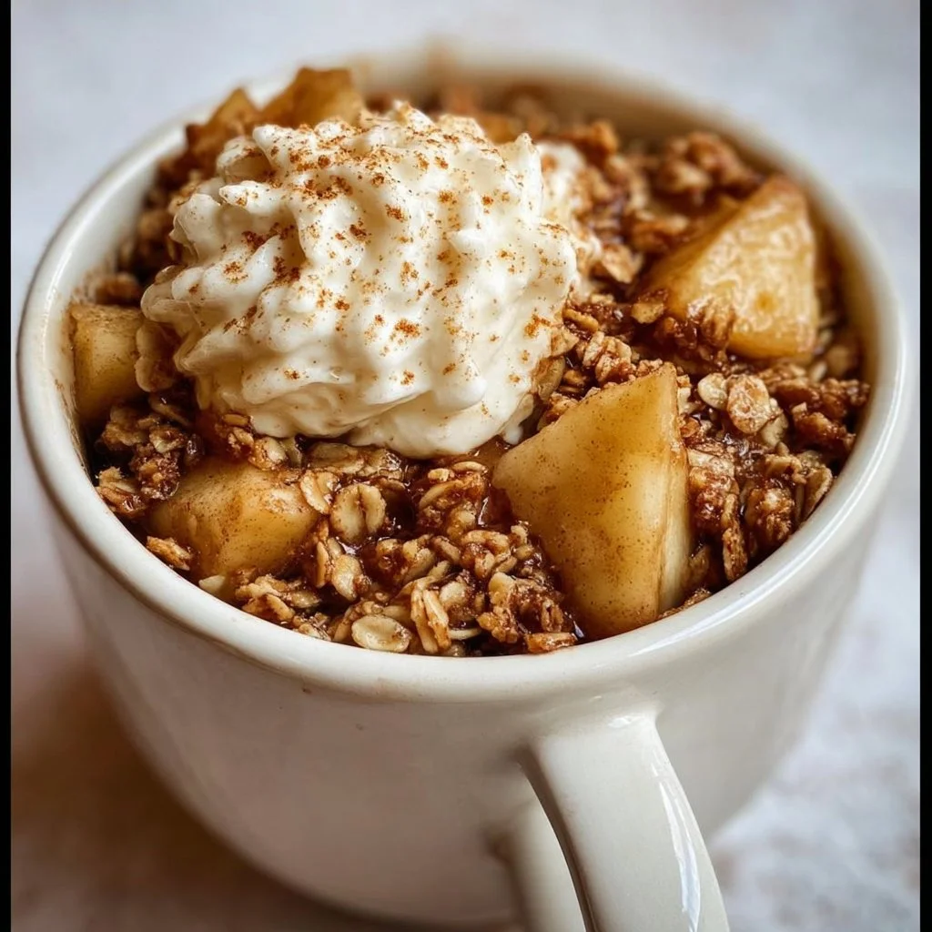 Healthy Protein Apple Crisp in a Mug topped with fresh apples and oats