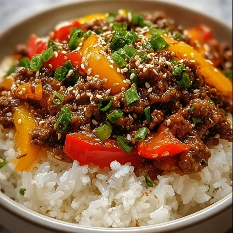 Delicious beef and pepper rice bowl with colorful vegetables and rice