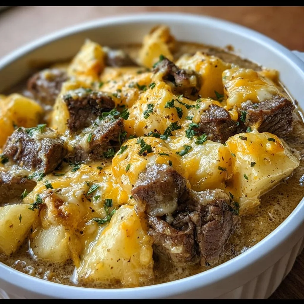 Slow Cooker Cheesy Steak with Potatoes, a hearty and flavorful dish.