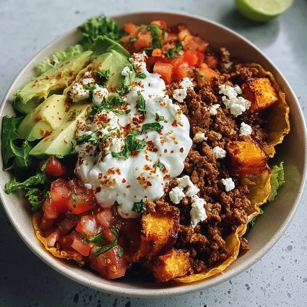 Spicy Cottage Cheese Taco Bowl garnished with fresh vegetables and spices