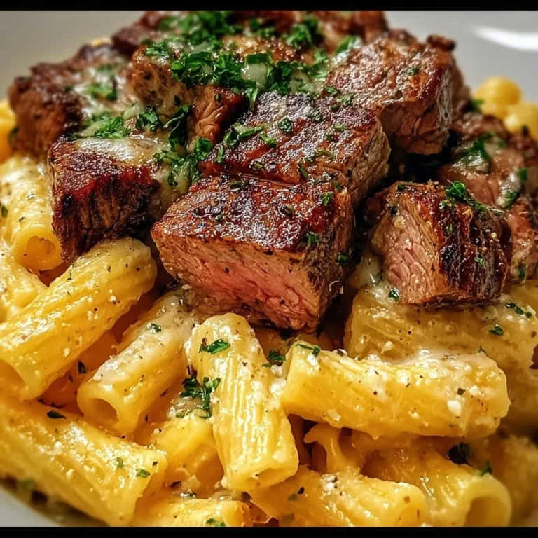 Delicious steak pasta dish garnished with herbs and served in a bowl