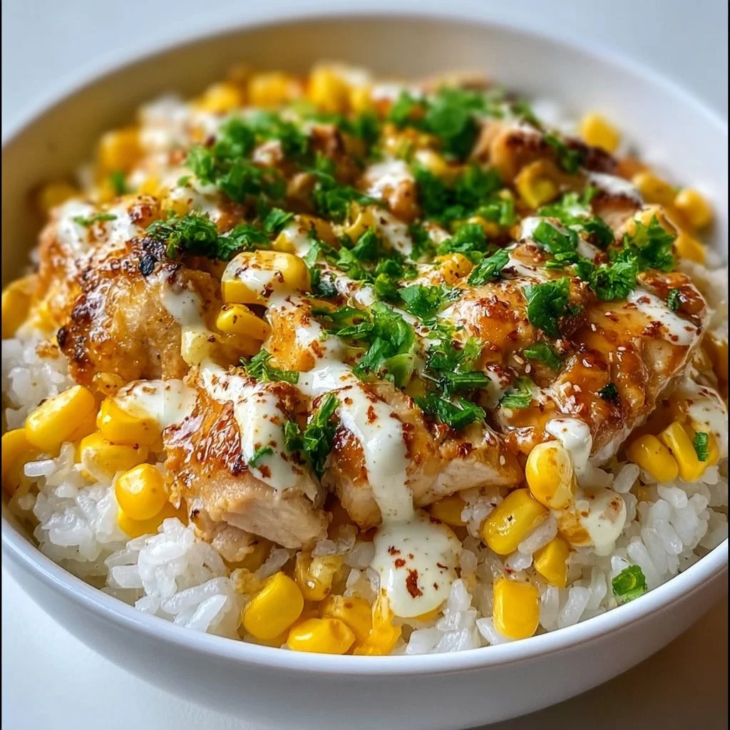Delicious Street Corn Chicken Rice Bowl garnished with fresh ingredients.