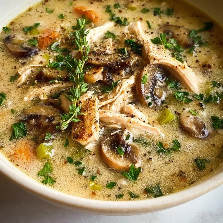 Bowl of rotisserie chicken and mushroom chicken soup, perfect for fall.