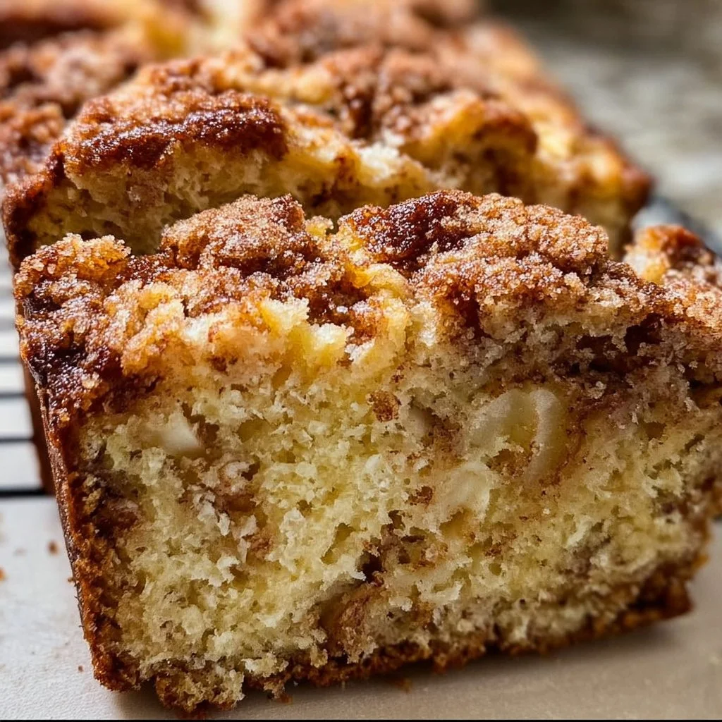 Freshly baked apple bread with chunks of apple and cinnamon aroma