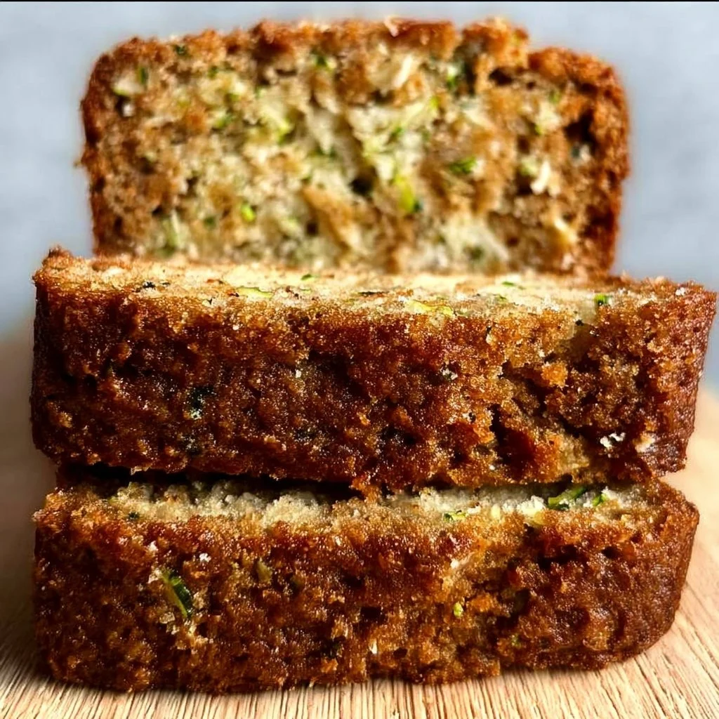 Delicious slice of homemade zucchini bread on a wooden cutting board