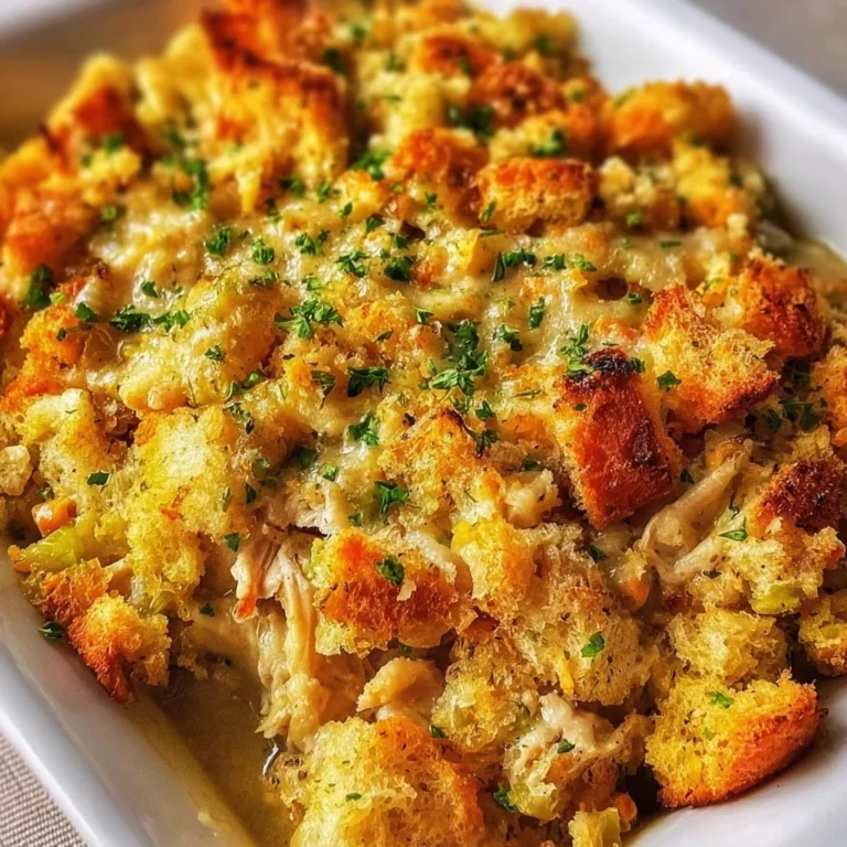 Delicious Chicken and Stuffing Casserole topped with golden brown bread crumbs