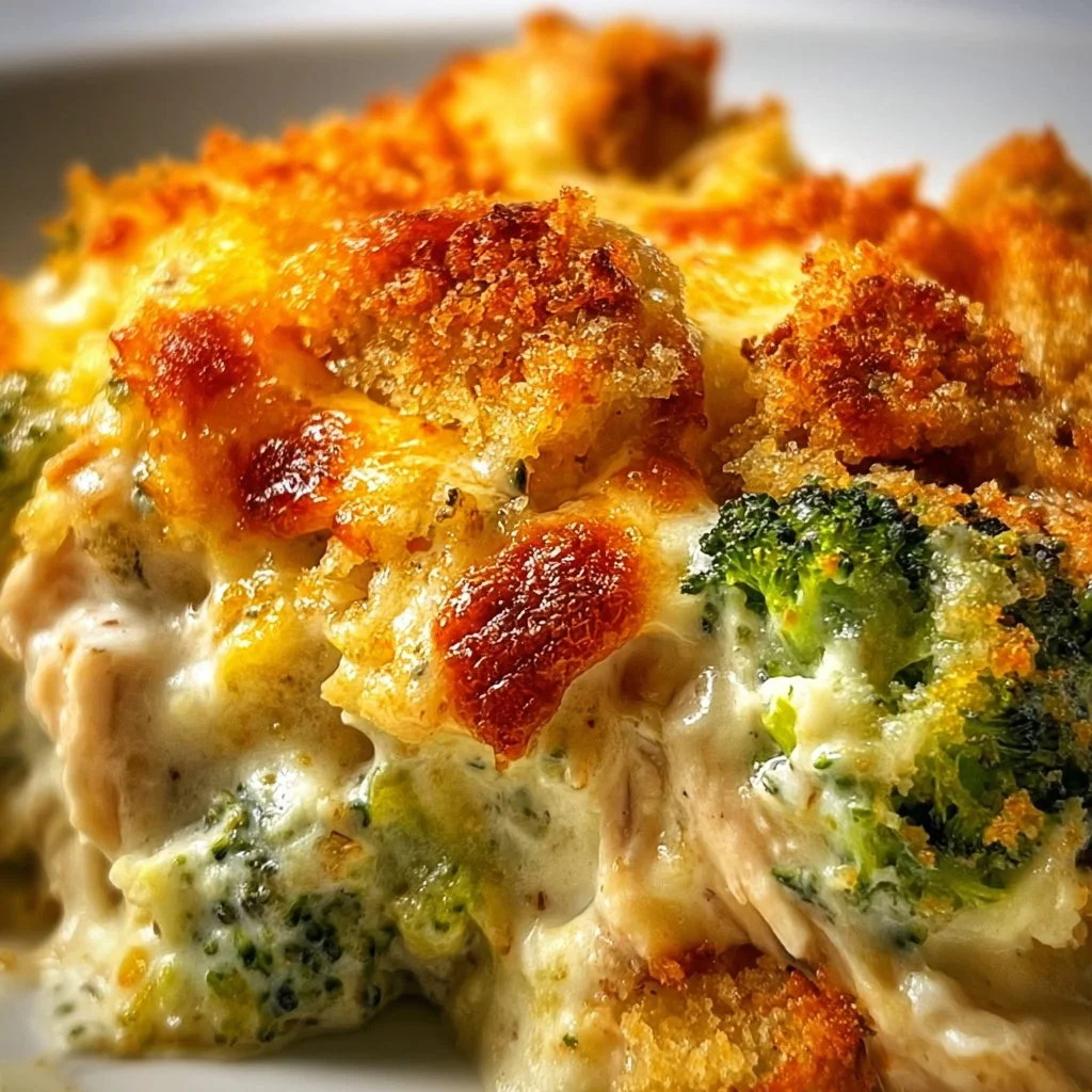 Delicious Chicken Divan casserole topped with cheese and served hot