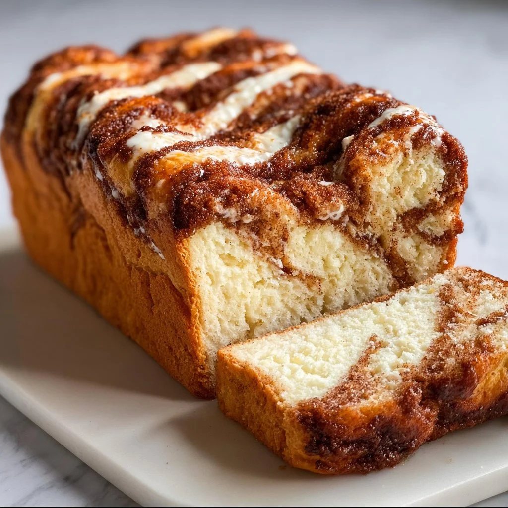 Cinnamon Roll Cottage Cheese Loaf with icing on a wooden table