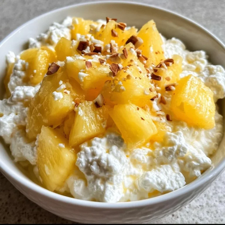 Cottage cheese and pineapple bowl served in a colorful dish