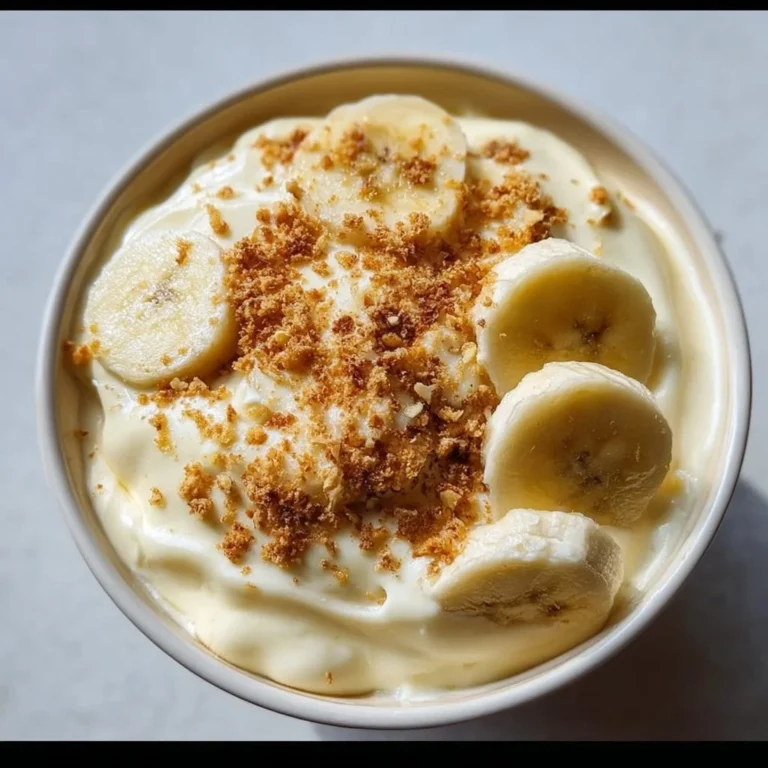 A bowl of cottage cheese banana pudding topped with banana slices and whipped cream.