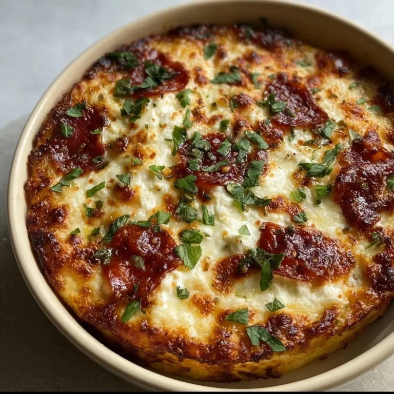 Cottage cheese pizza bowl topped with fresh ingredients and herbs