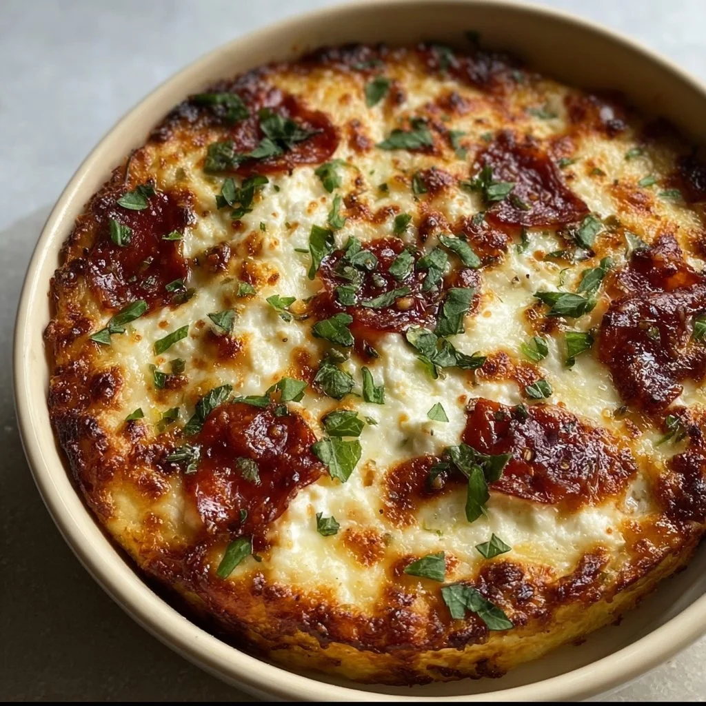 Cottage cheese pizza bowl topped with fresh ingredients and herbs