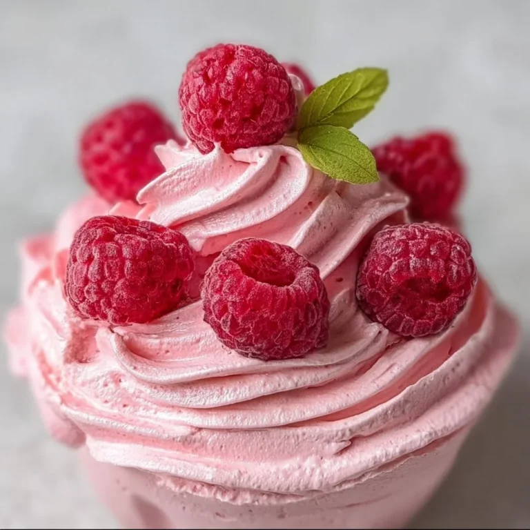 Delicious cottage cheese raspberry mousse topped with fresh raspberries