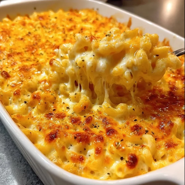 Creamy baked macaroni and cheese in a golden, crispy dish.