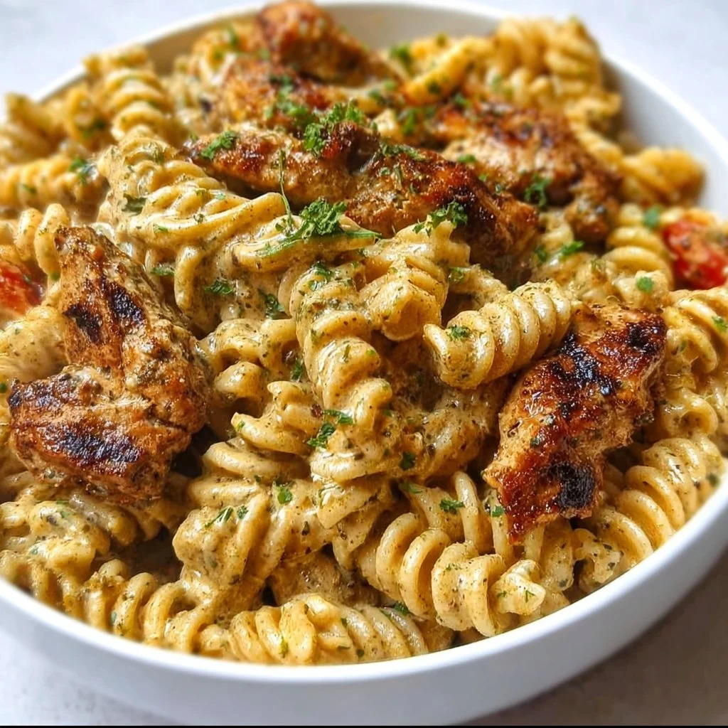 Plate of creamy Rasta Pasta topped with delicious jerk chicken and fresh herbs.