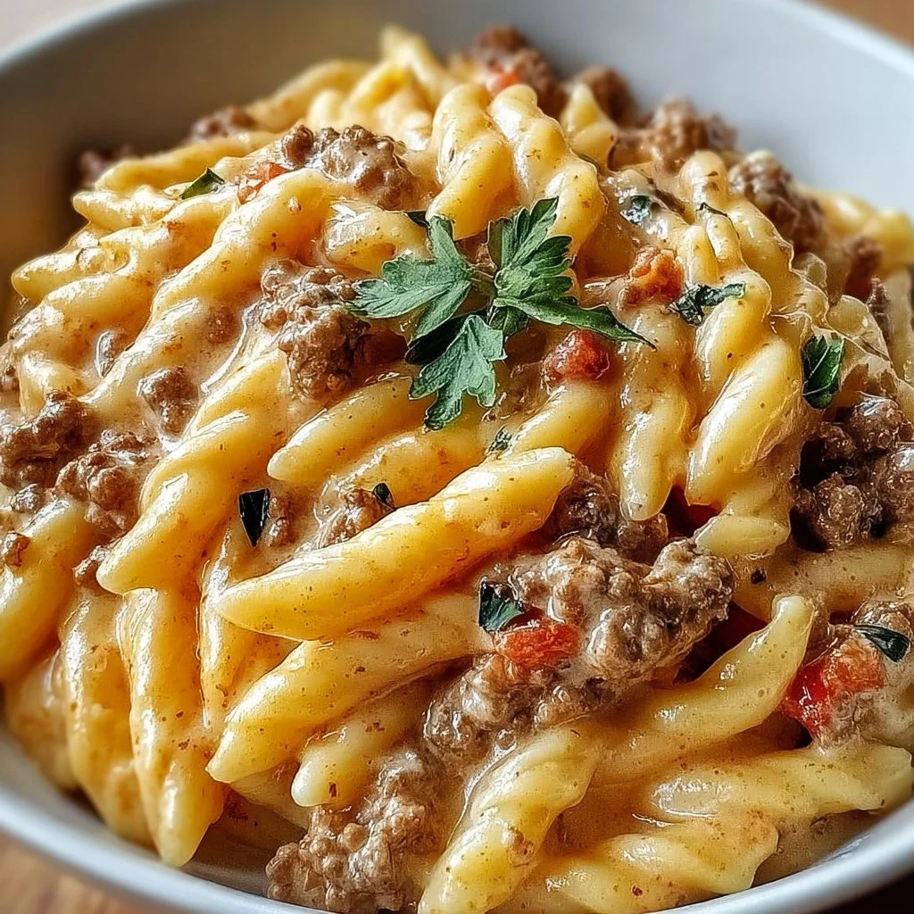 Creamy Rotel pasta recipe with ground beef for weeknight dinners