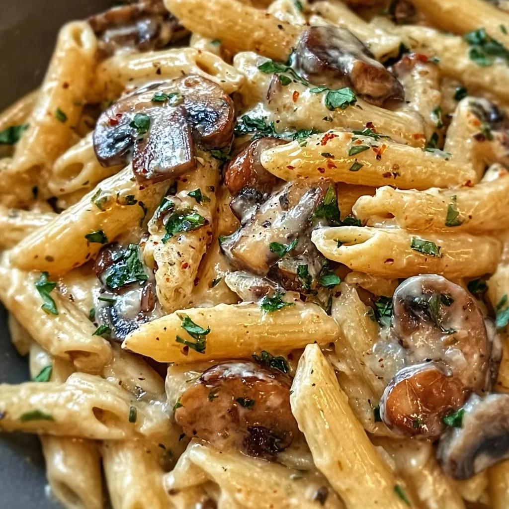 Creamy Tuscan mushroom pasta skillet served in a bowl, garnished with parsley