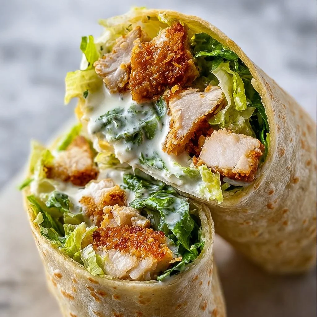 Crispy Chicken Caesar Wrap featuring chicken, romaine lettuce, and Caesar dressing