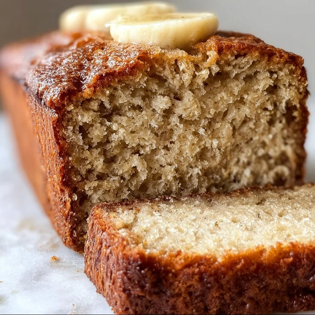 Loaf of freshly baked easy banana bread on a wooden table