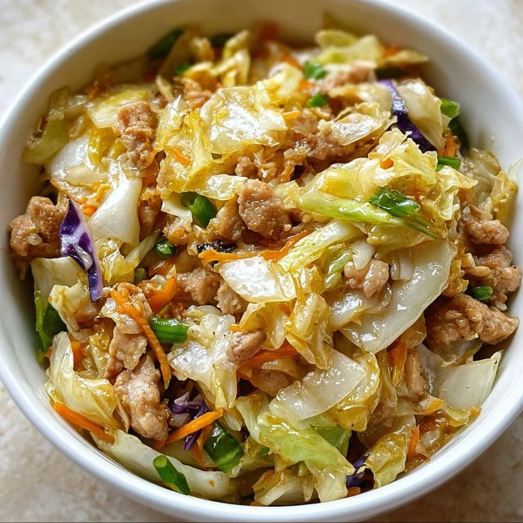 Delicious Egg Roll Bowls with Chicken and Cabbage served in a bowl
