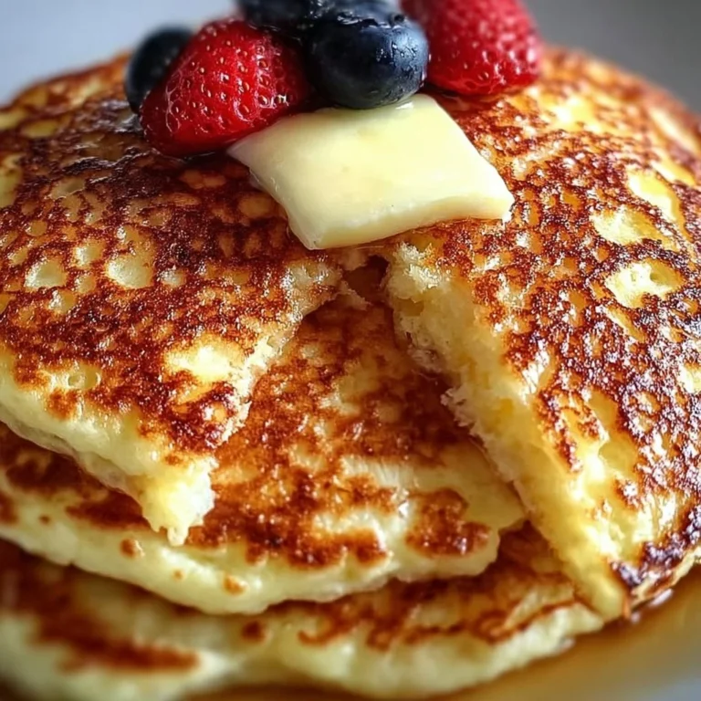 Flourless cottage cheese pancakes served with fresh fruit and syrup
