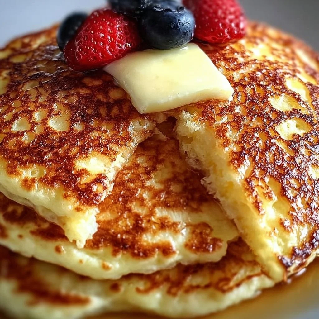 Flourless cottage cheese pancakes served with fresh fruit and syrup