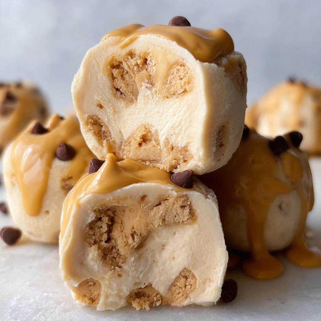 Frozen Greek yogurt peanut butter bites served in a bowl