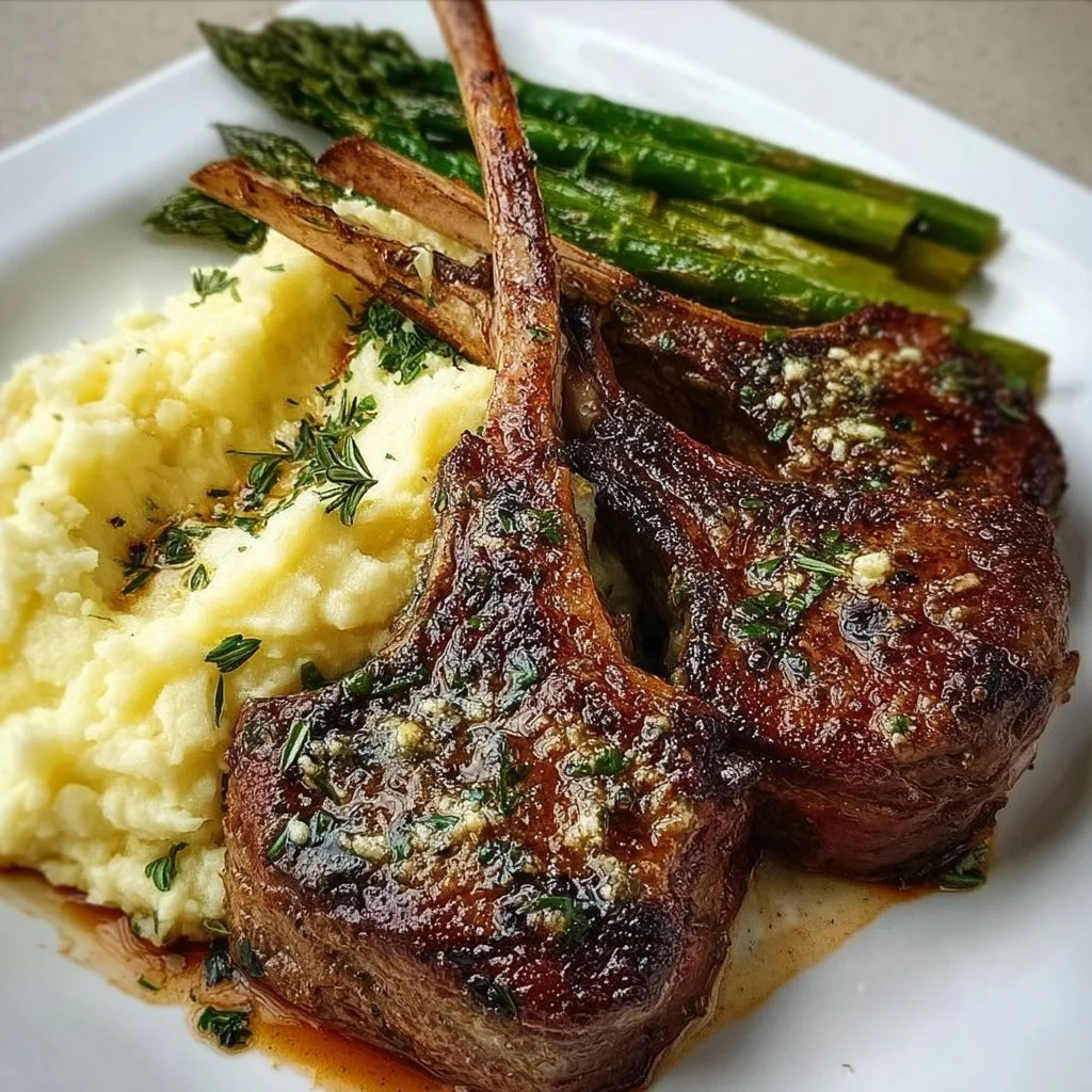 Delicious Garlic Herb Lamb Chops served with cheddar mashed potatoes and asparagus