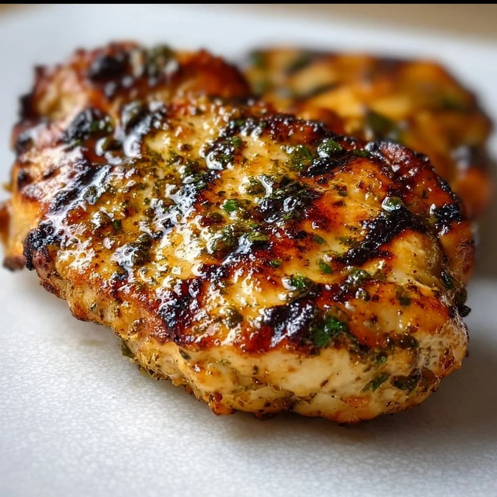 Juicy grilled chicken served on a plate with fresh herbs and vegetables.