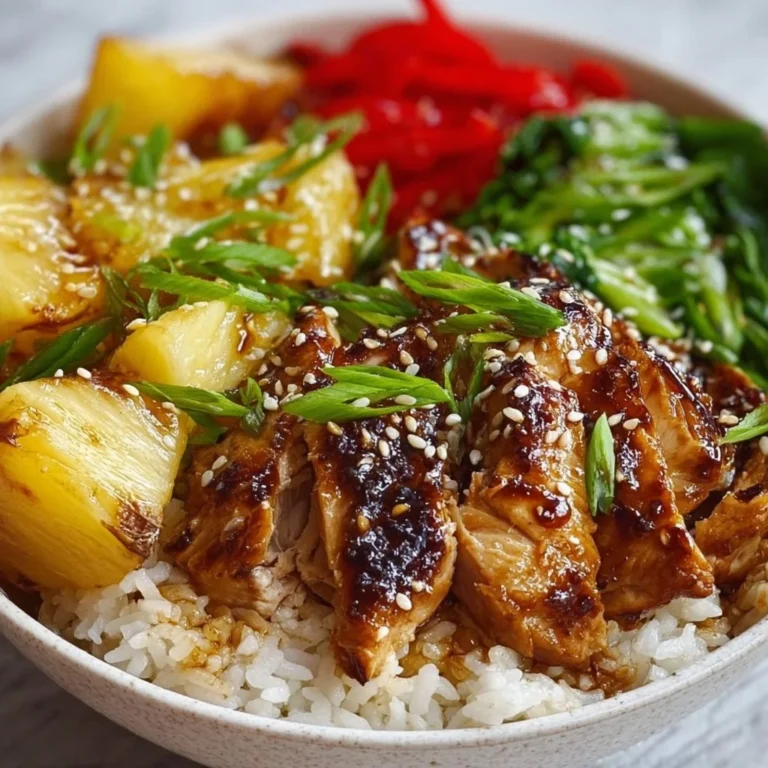 Hawaiian Chicken Bowl with chicken, vegetables, and rice in a colorful dish.