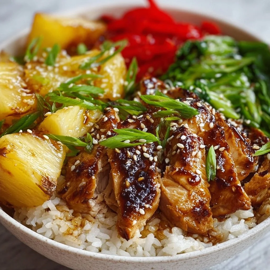 Hawaiian Chicken Bowl with chicken, vegetables, and rice in a colorful dish.