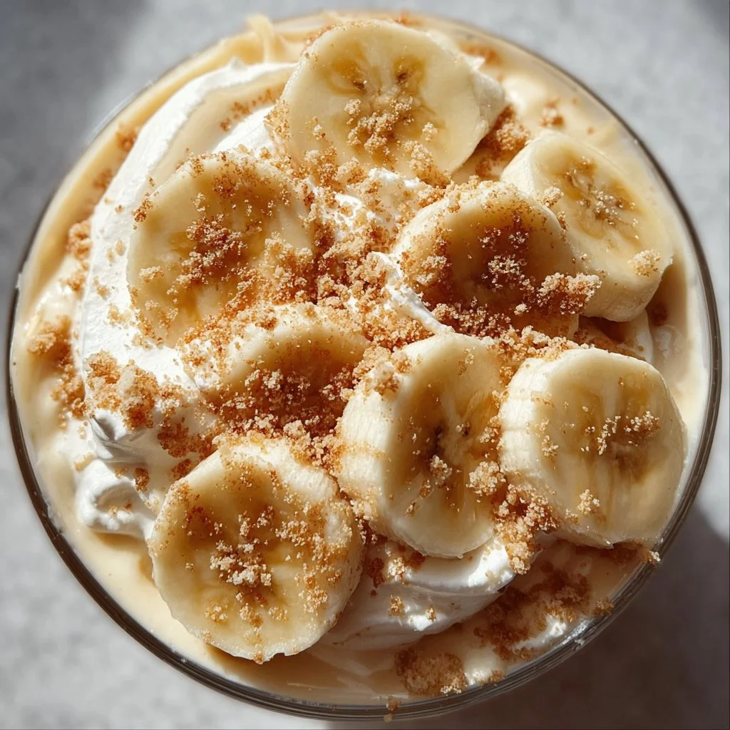 Delicious high-protein banana pudding topped with sliced bananas and whipped cream.