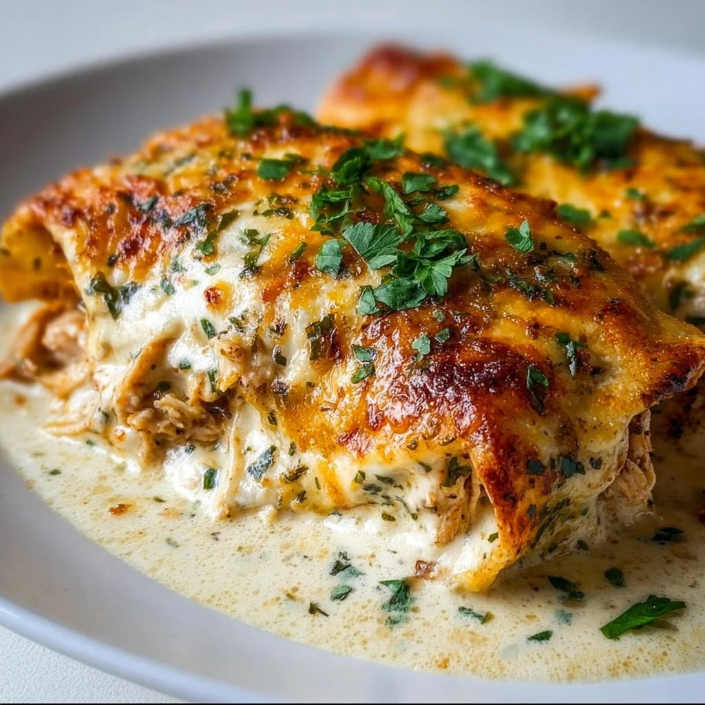 High protein chicken enchiladas topped with cheese and fresh herbs